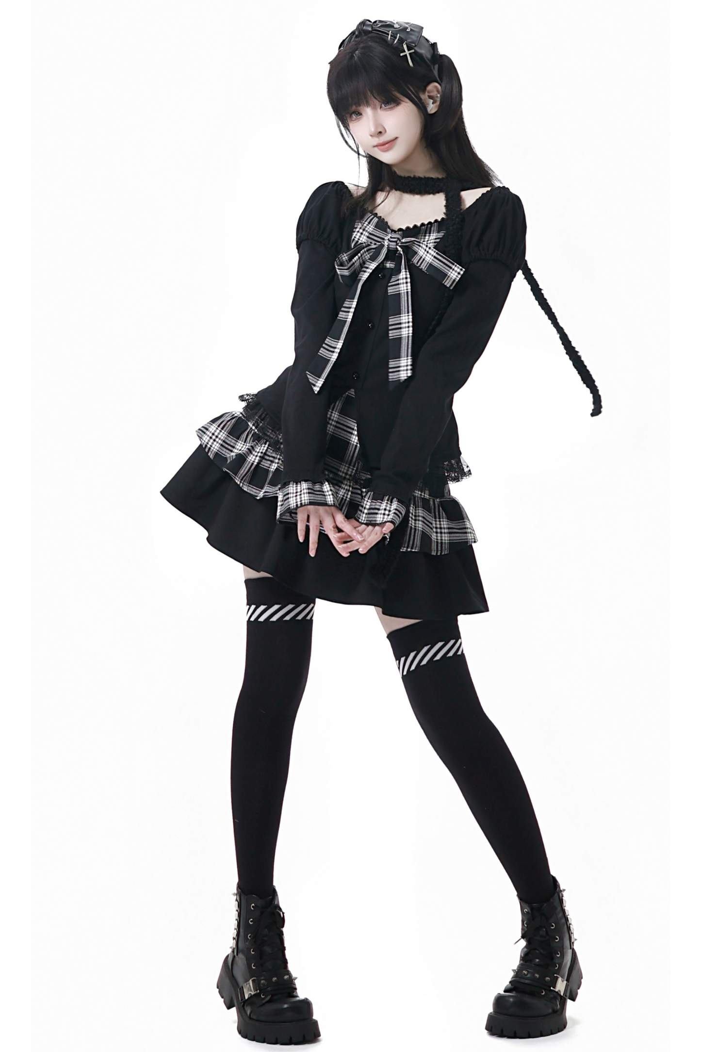 チェックリボントップス+スカート