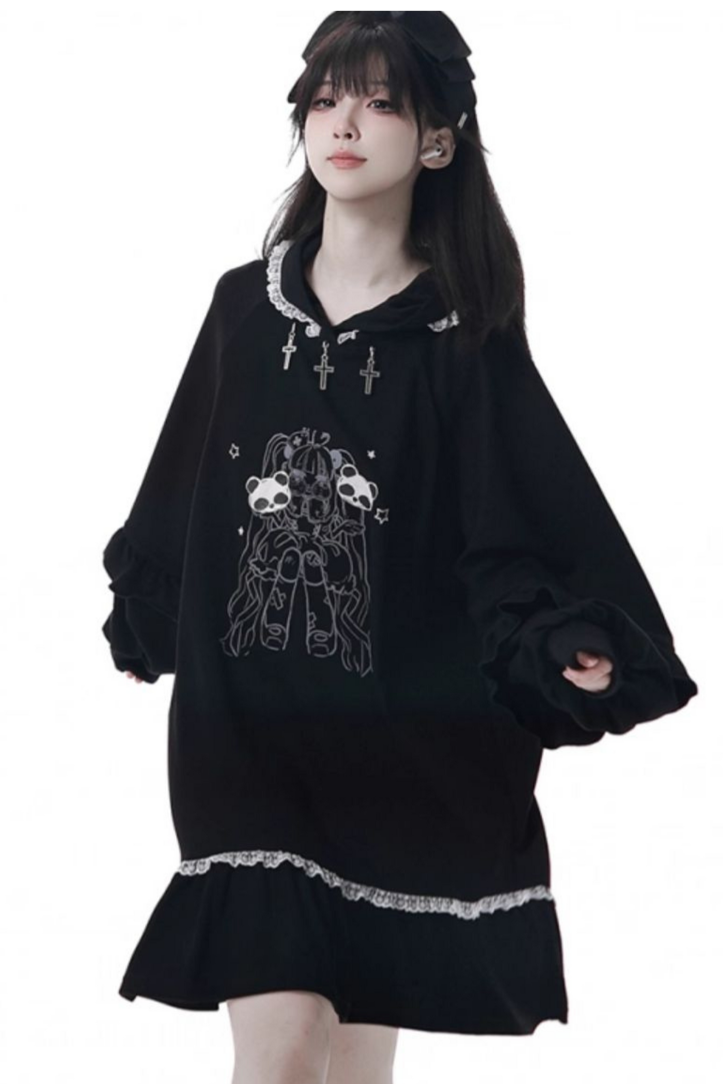 ビッグスイングシャツデザイントップス+フードワンピース+ロングキュロット