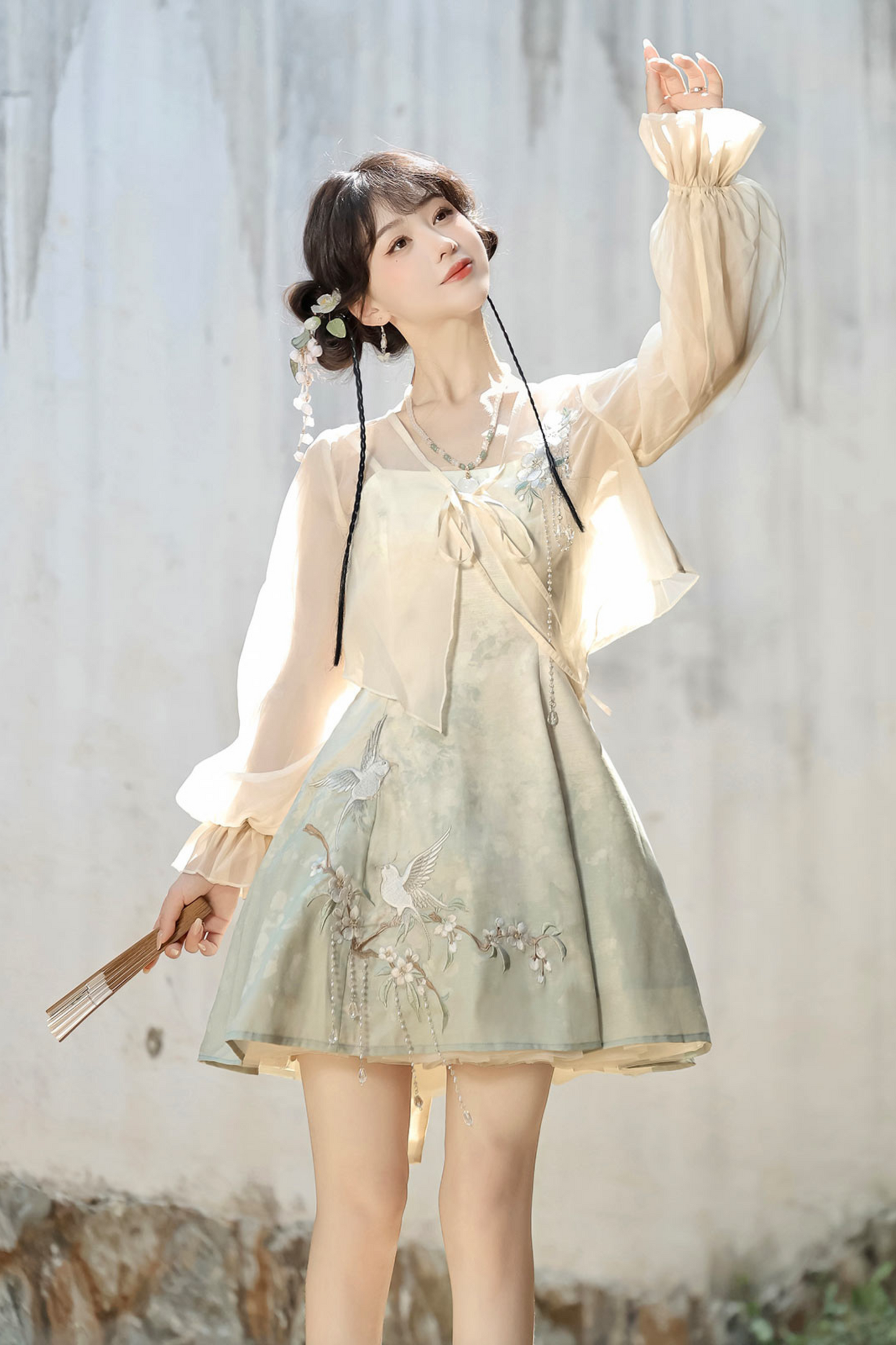 China Gradient Flower Retro Dress + Sheer Cardigan