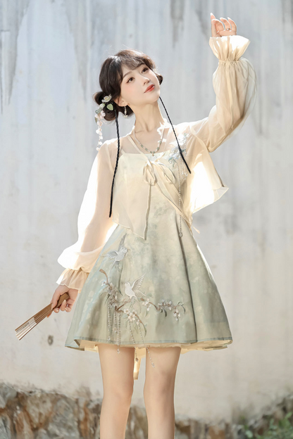 China Gradient Flower Retro Dress + Sheer Cardigan