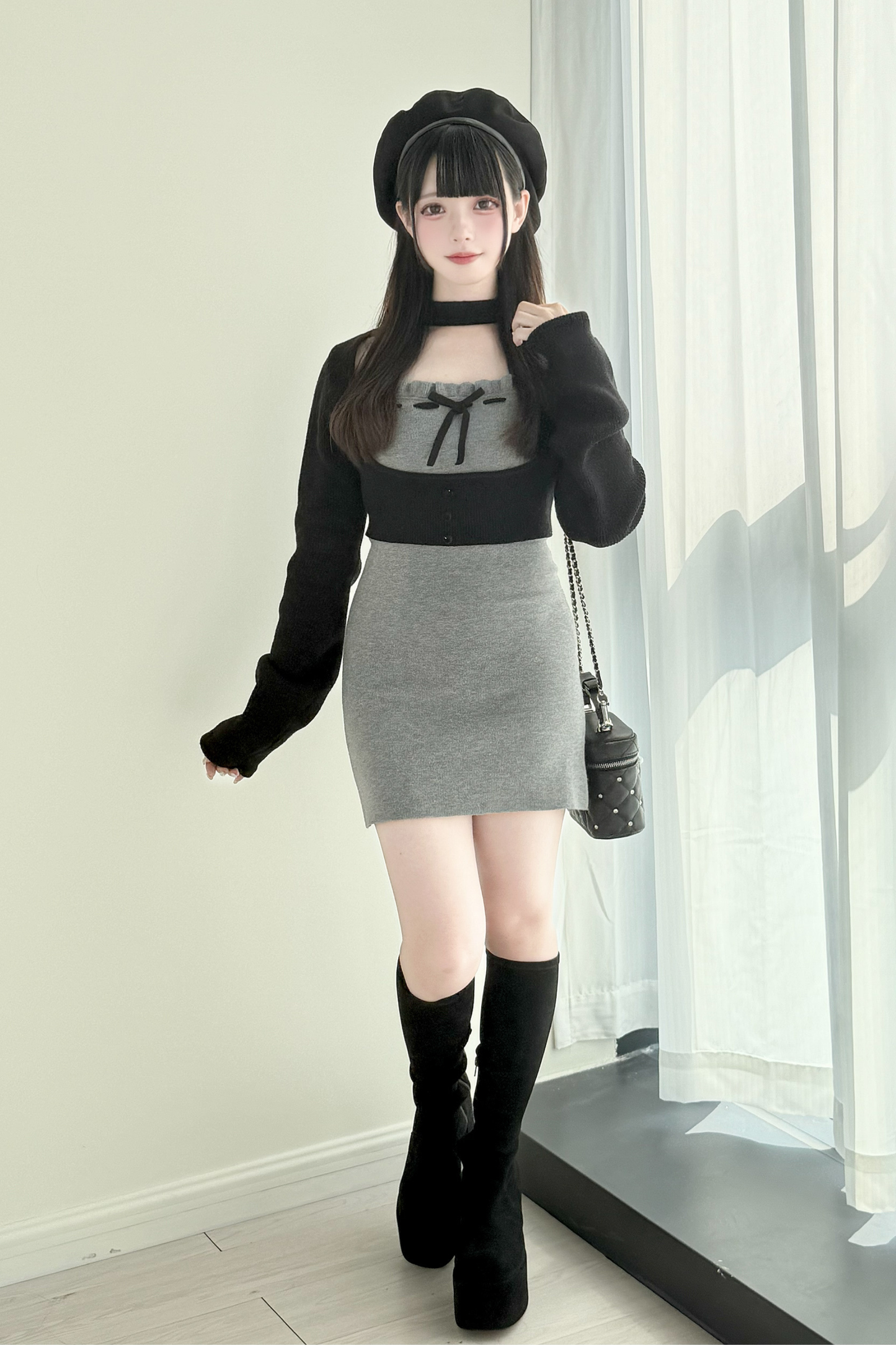 ショートニットカーディガン+タイトドレス