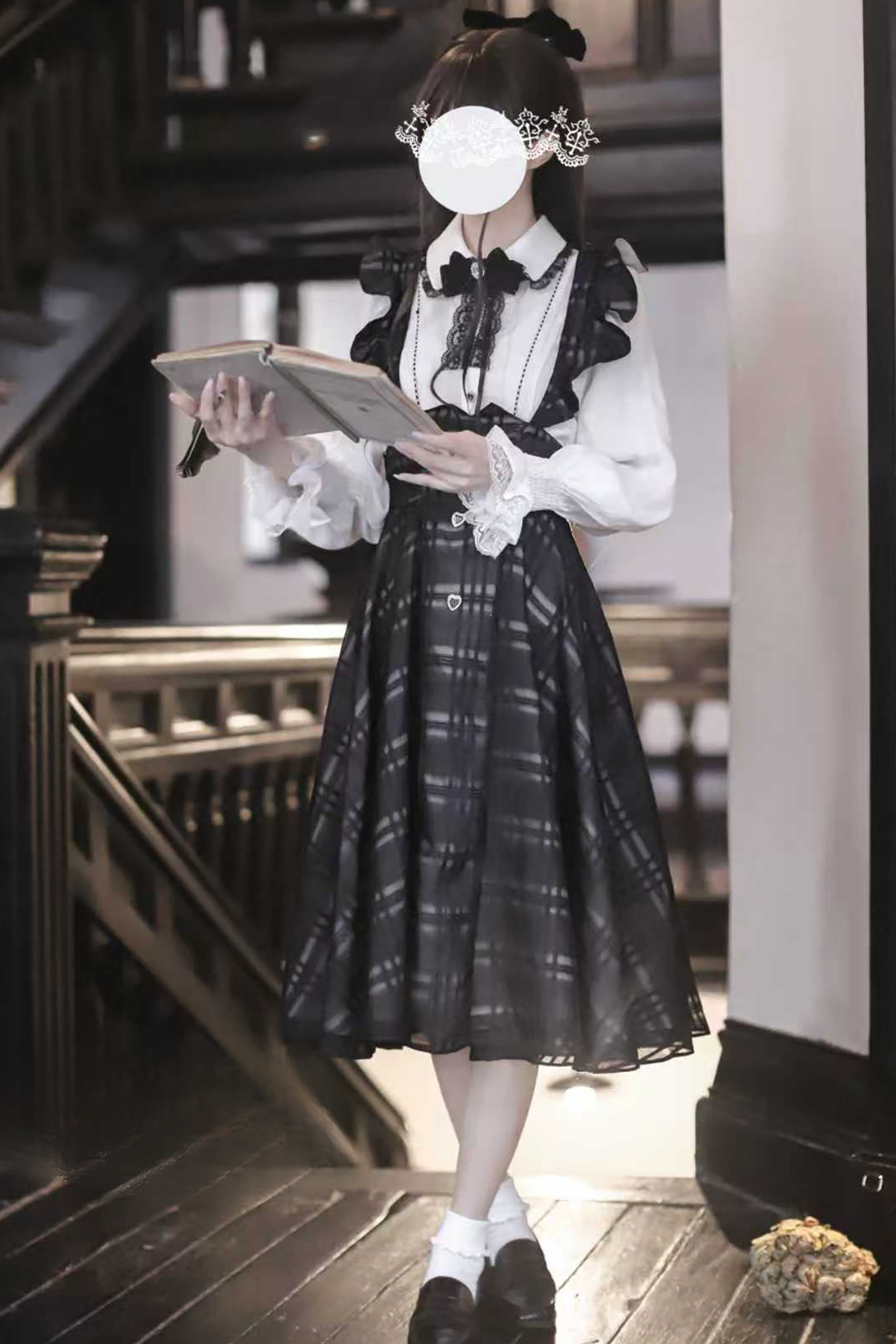 エレガントロングチェックサススカート＋シャツ＋リボン