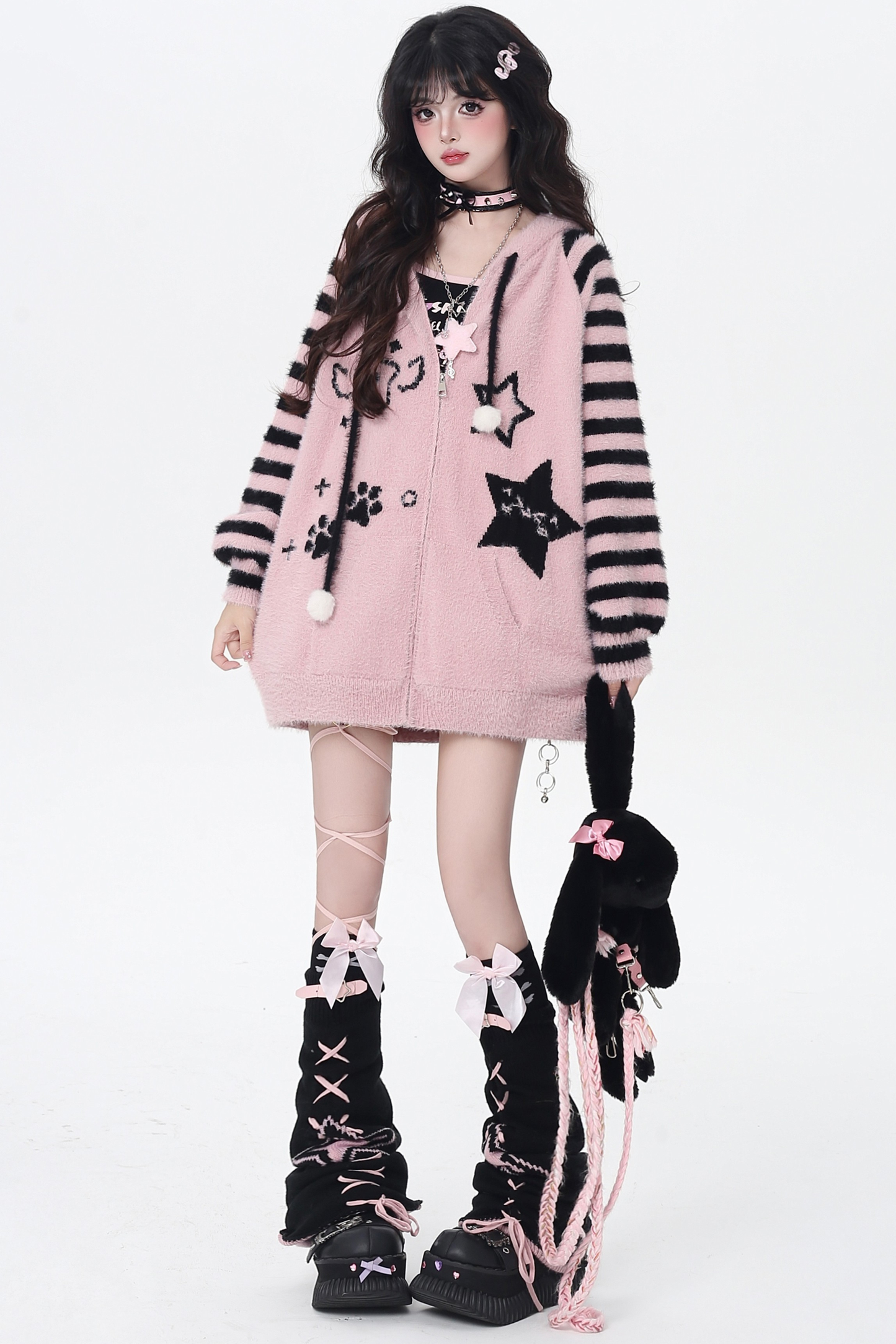Star Line Striped Hooded Knit Cardigan
