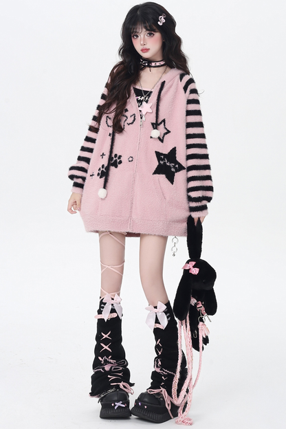 Star Line Striped Hooded Knit Cardigan