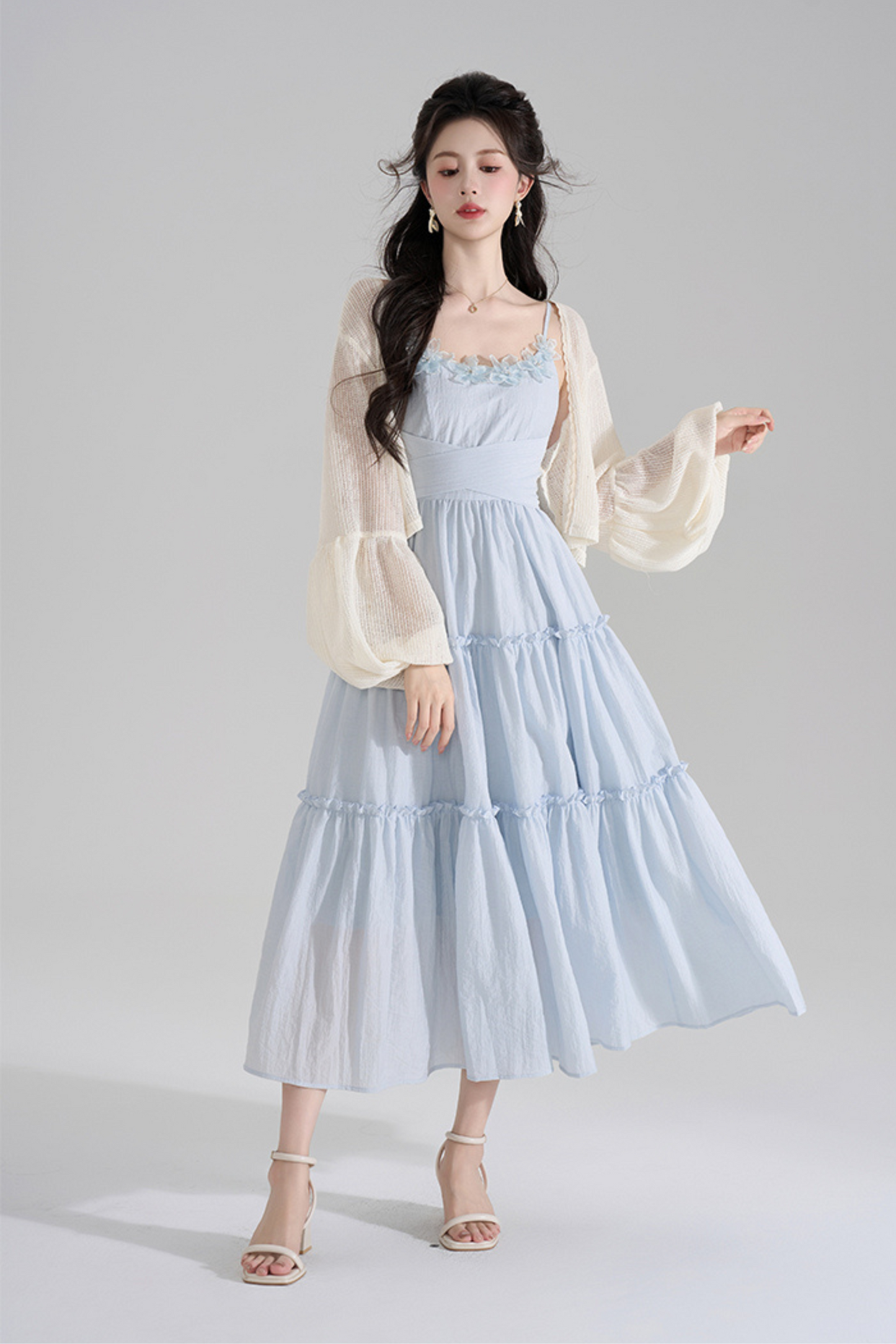 Romantic French Long Dress + Short Cardigan