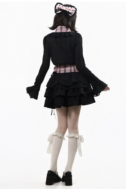 Plaid Sleeveless Shirt + Top + Tiered Skirt