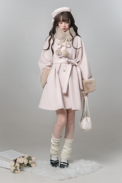 スイートガーリーリボンフレアコート+ファーカラー+シャツ+スカート+ベレー帽