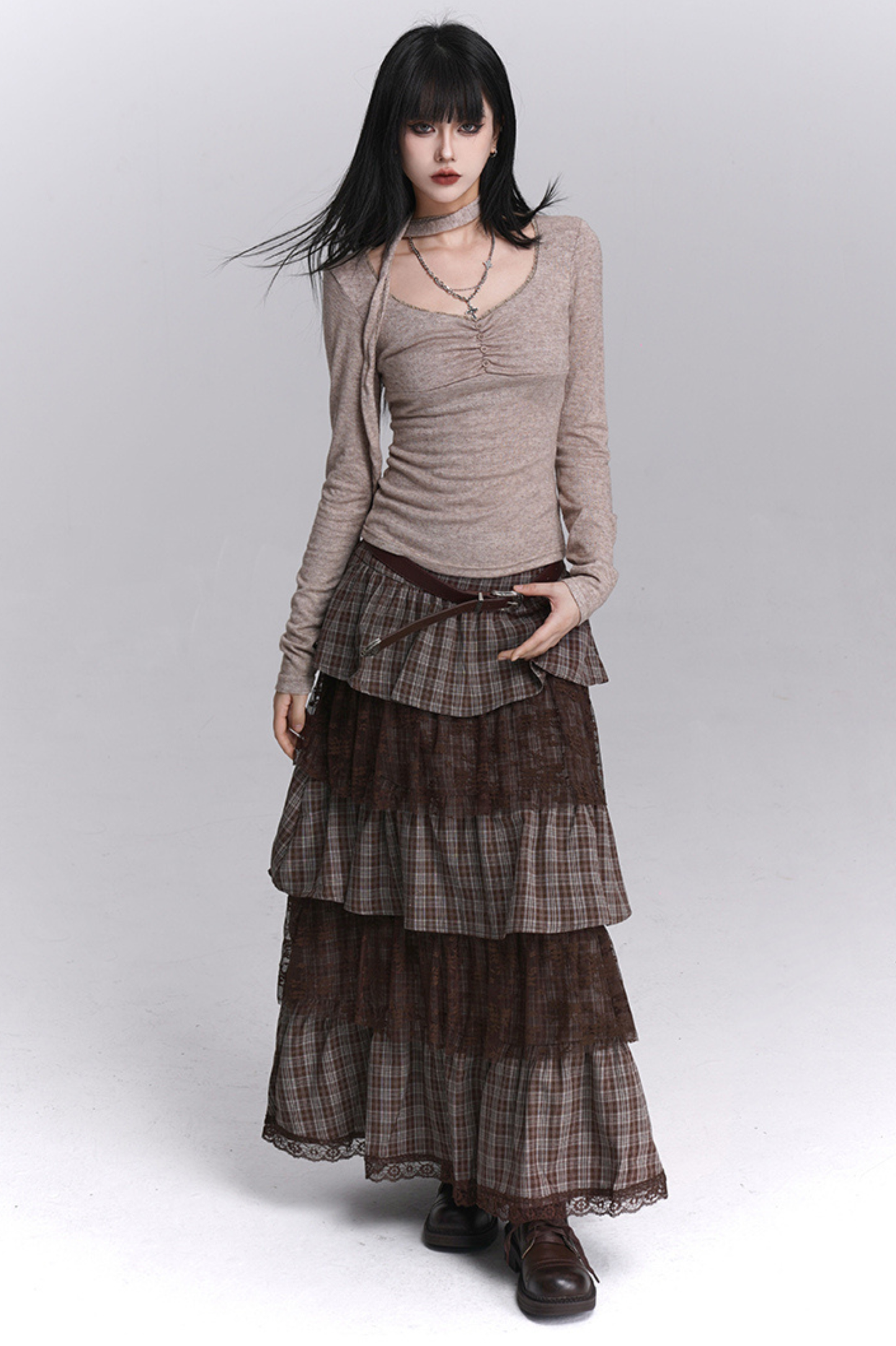 チェックティアードレースロングスカート