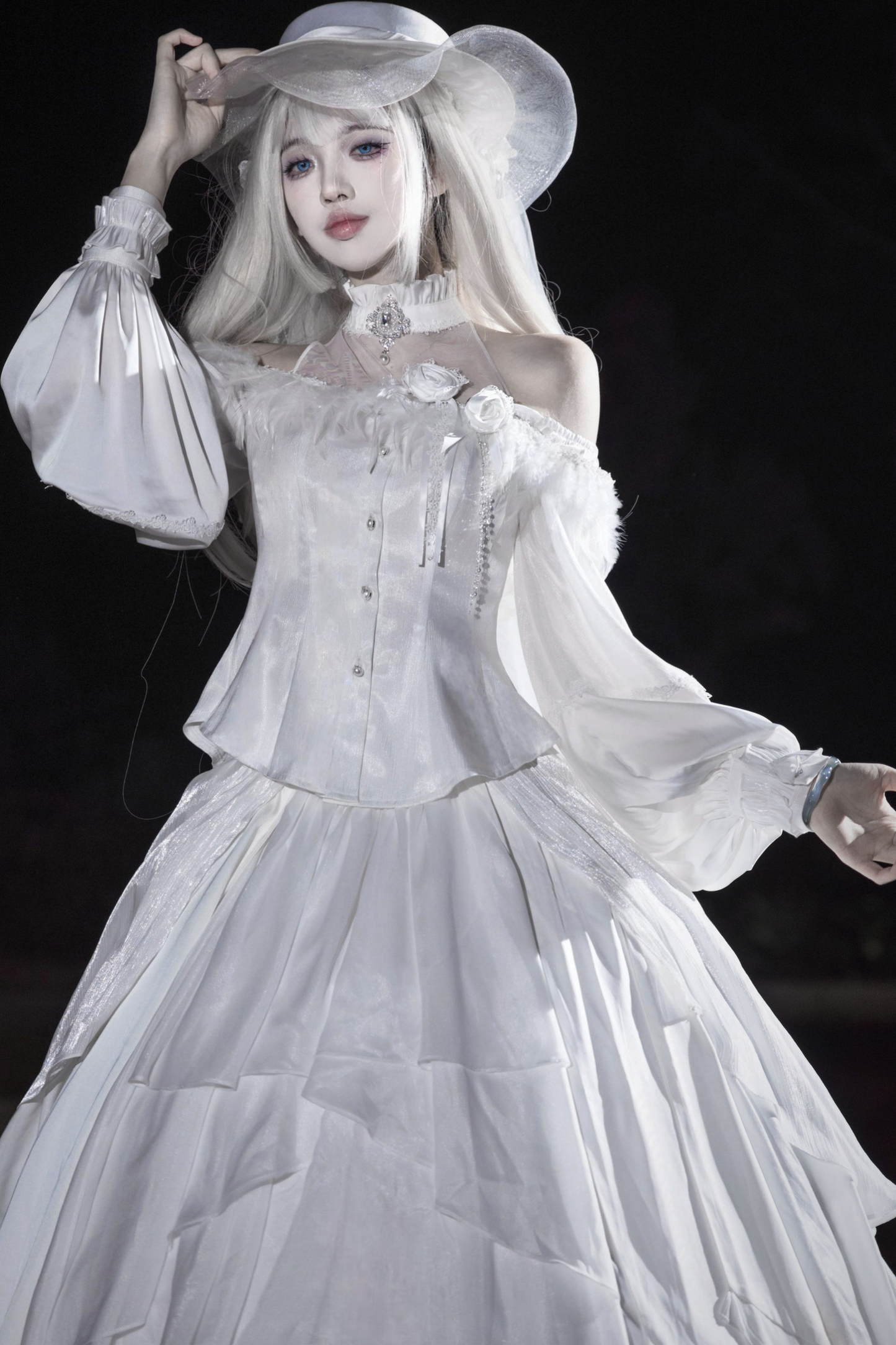 Off-the-shoulder shirt + oversized skirt