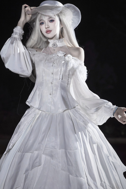 Off-the-shoulder shirt + oversized skirt