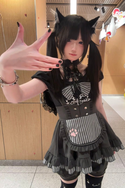 キュートキャットパフスリーブトップス+サスペンダースカート+パンツ+ハット