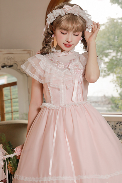 Cherry blossom color sweet princess Lolita dress + doll color top + sheer cardigan + apron