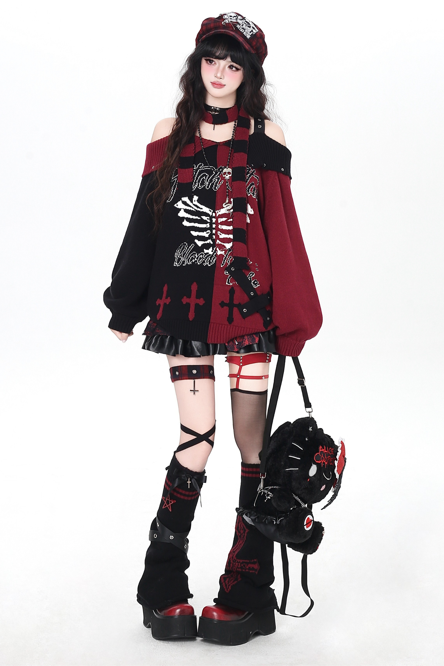 スカルボーンゴシックオフショルダートップス+スカーフ