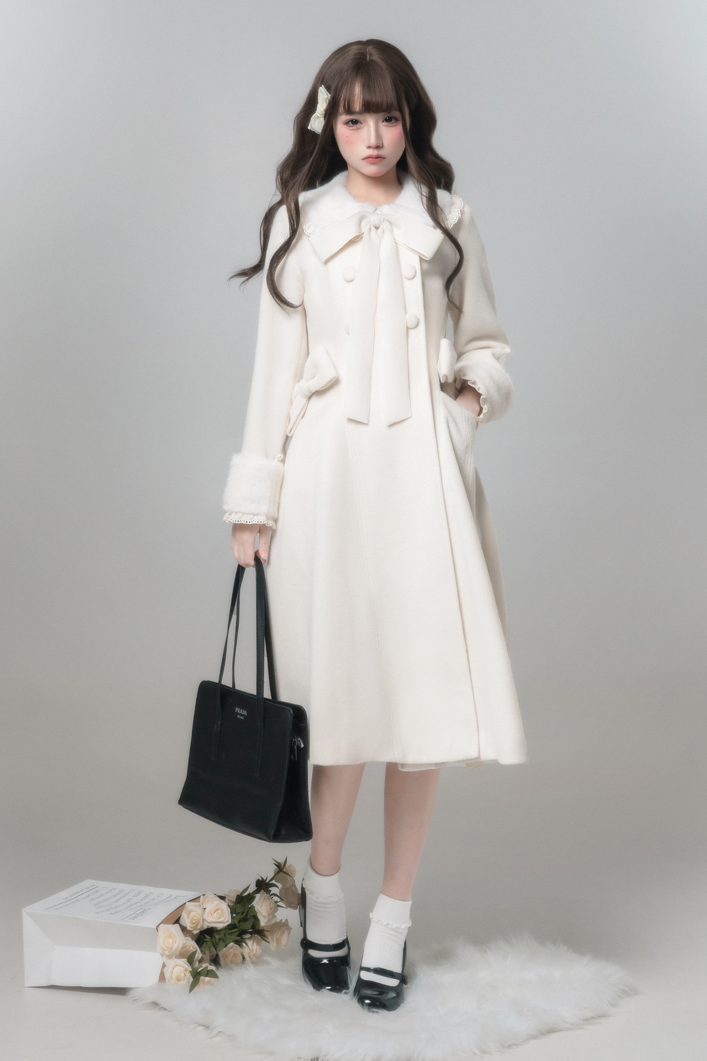 ホワイトスノーロングコート+シャツ+スカート