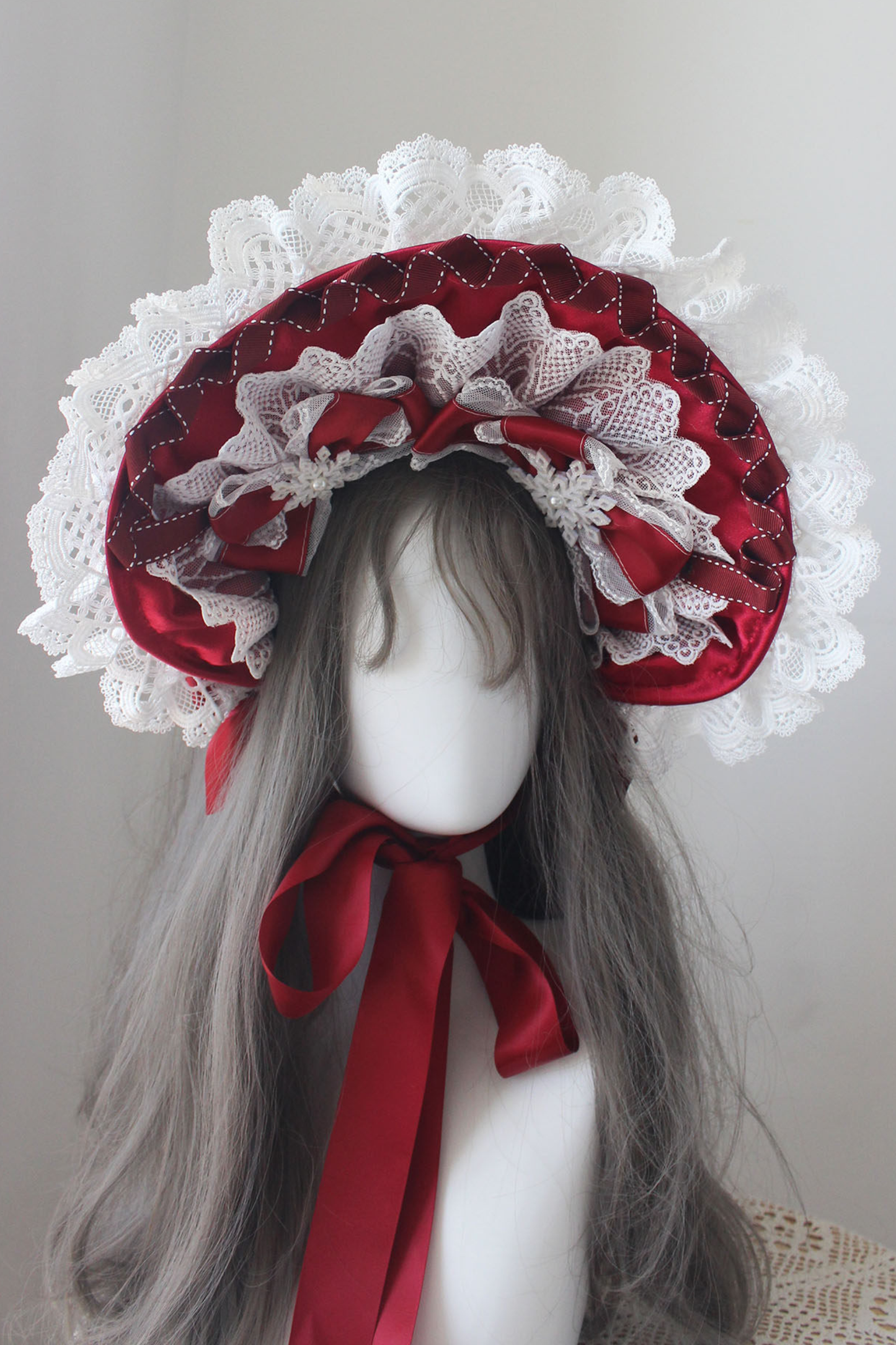 レースロリータボネットハット+カチューシャ+スリーブ+ピン+ハット+ベール