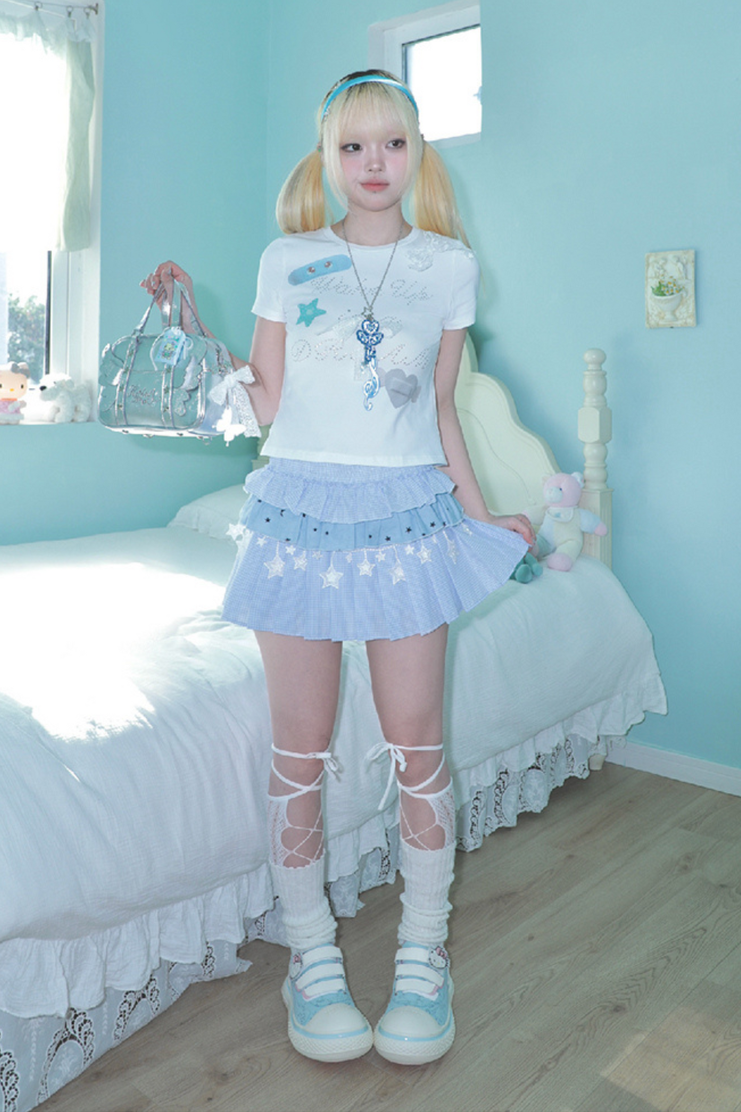 ドリームスターレースブルーチェックトリプルパフィースカート