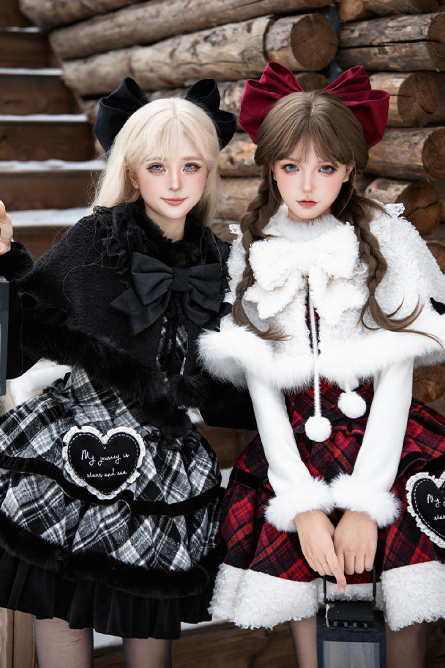 チェックドールジャンパースカート+リボンブローチ+ピン+ラブブローチ+ショール+トップス+レッグカバー