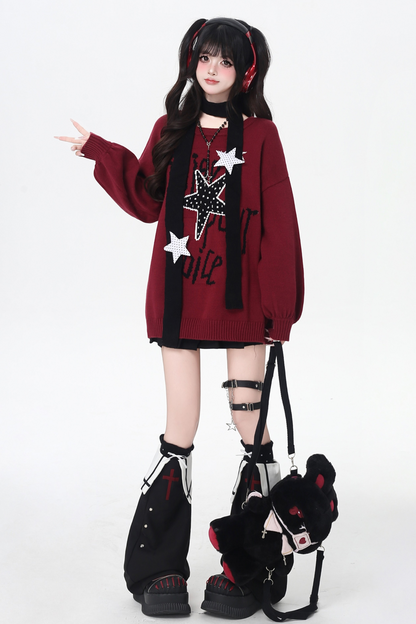 スターデザインルーズラウンドネックトップス