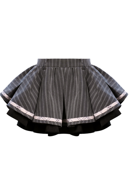 レースアップチェックトップス+ストライプスカート