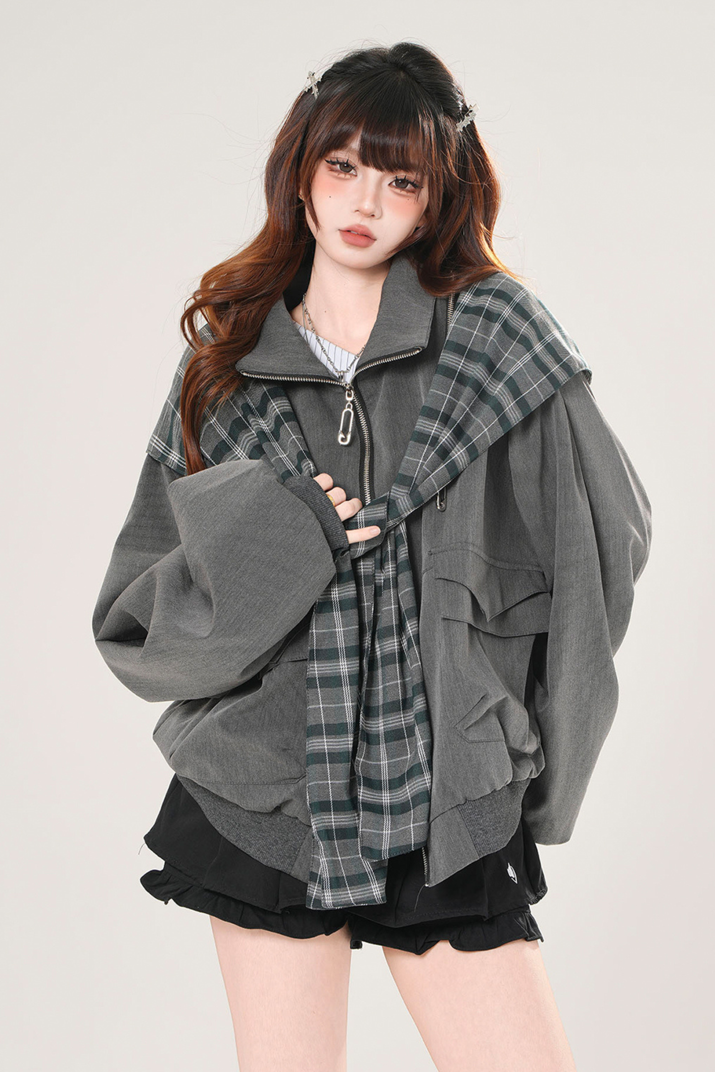 モードチェックフードジャケット