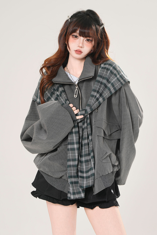 モードチェックフードジャケット