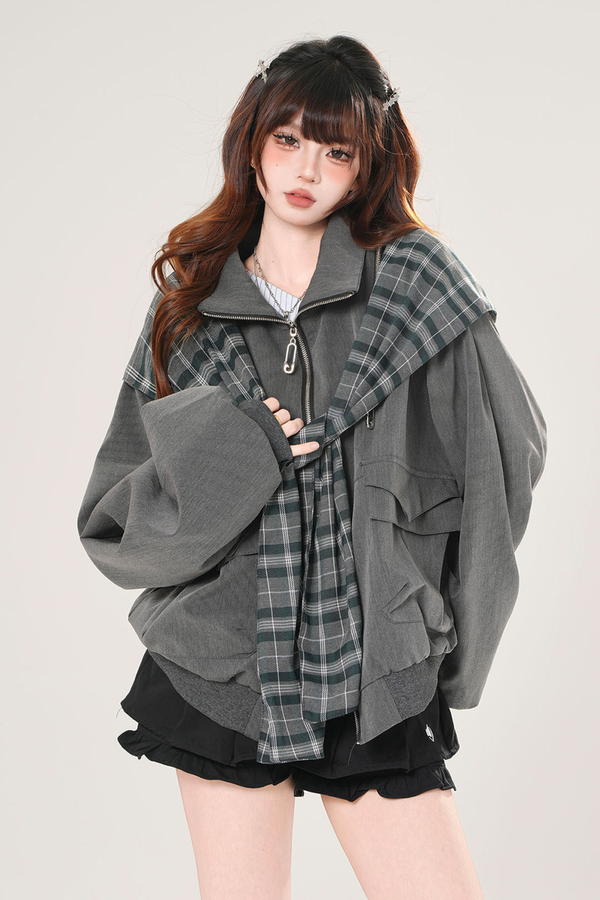 モードチェックフードジャケット