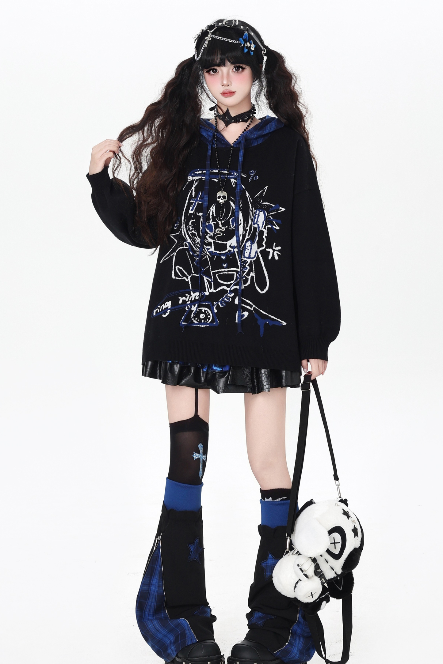 パンクガールチェックフードルーズセーター