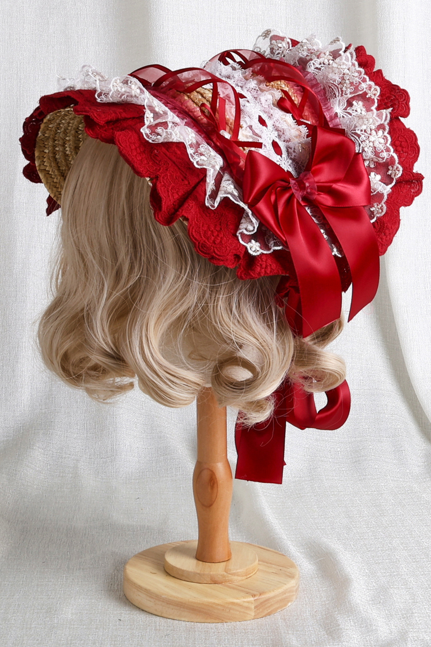 ローズレースロリータボンネット+ハット+ヘアバンド+クリップハット+クラウン