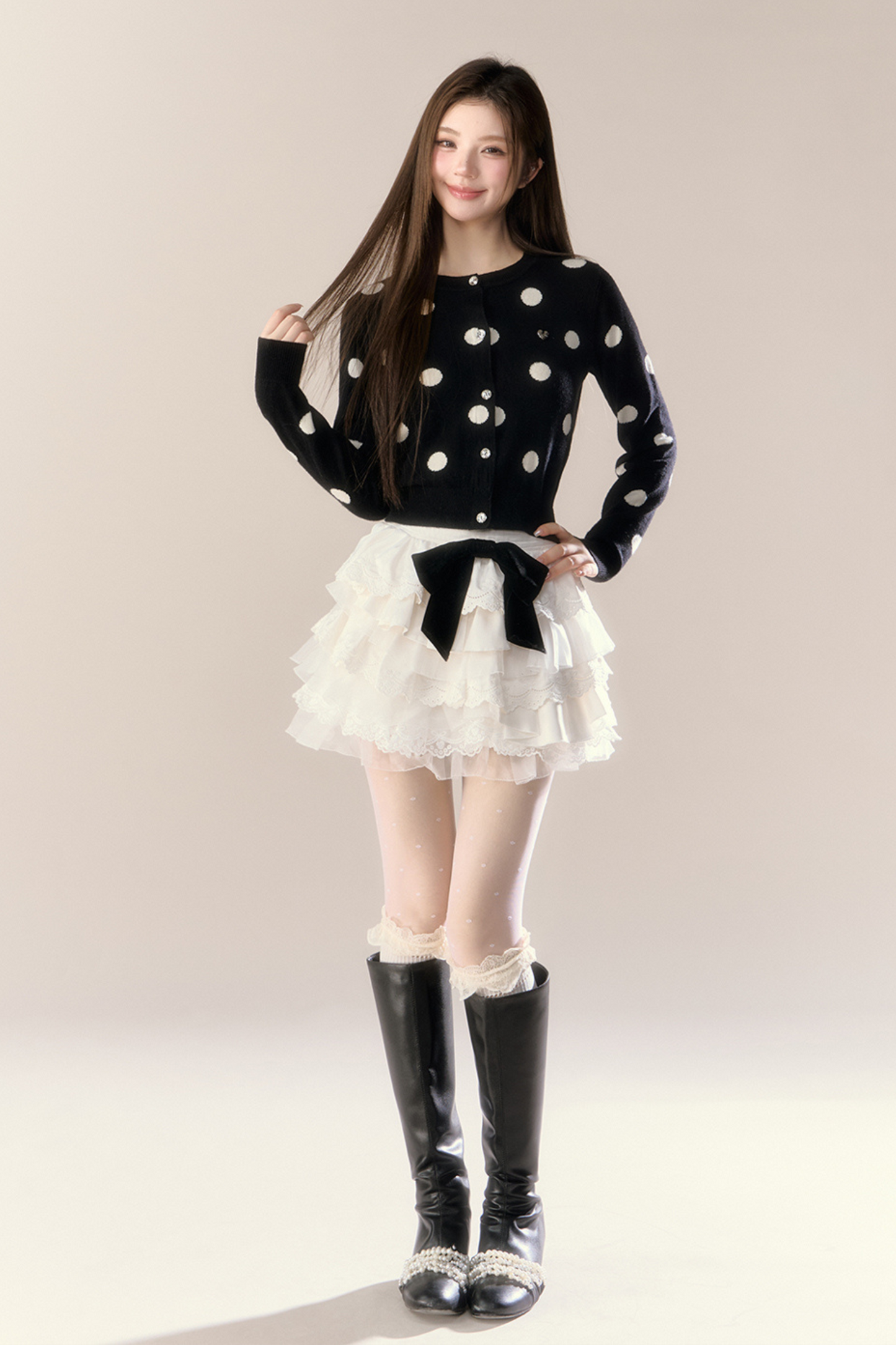 ベルベットドットデザインニットカーディガン