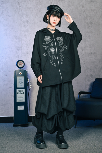 Draped Bat Sleeve Printed Hooded Hoodie