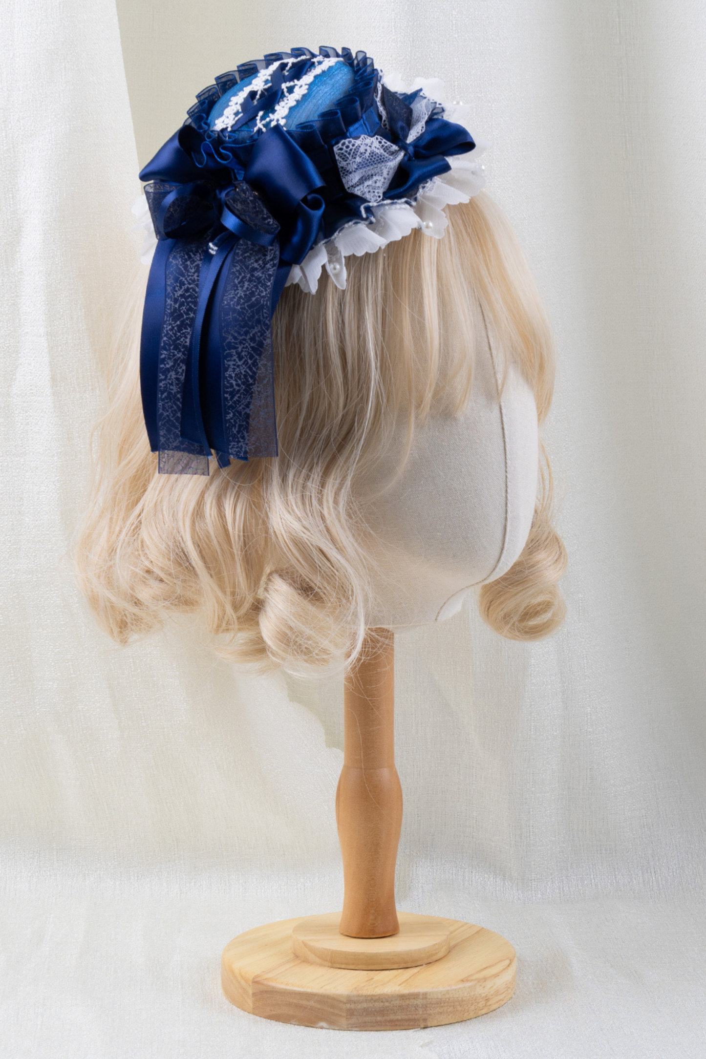 ネイビーブルーロリータボンネット+ヘアバンド+ハットクリップ+リボンクリップ