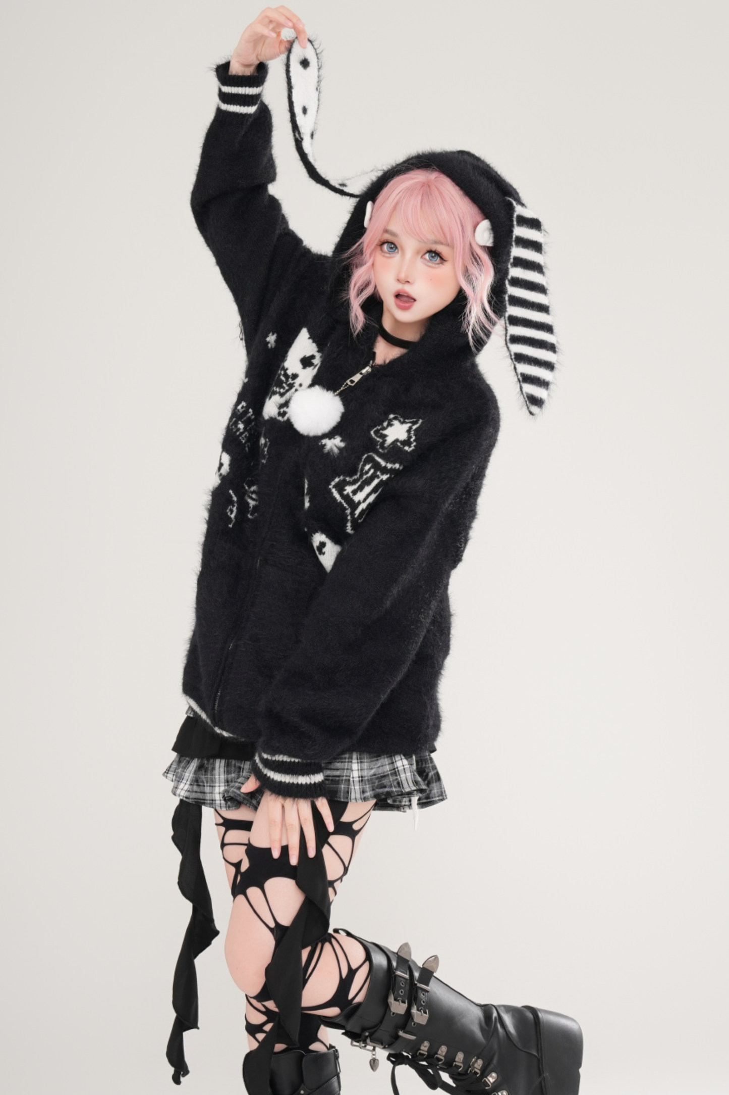 アシメラビットフードルーズカーディガン