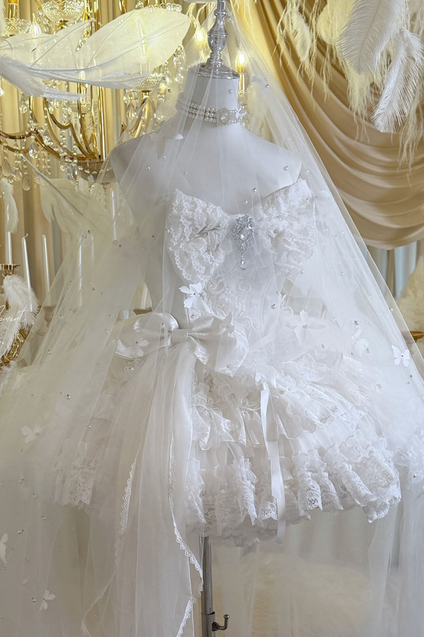 [Vorbestellung bis 4. April]Weißes Feder-Zeremonienkleid + Schal + Schwanz + Schleier + Schleife + Ärmel