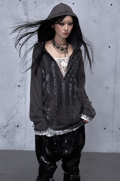 레이스 패치워크 루즈핏 후드 파카