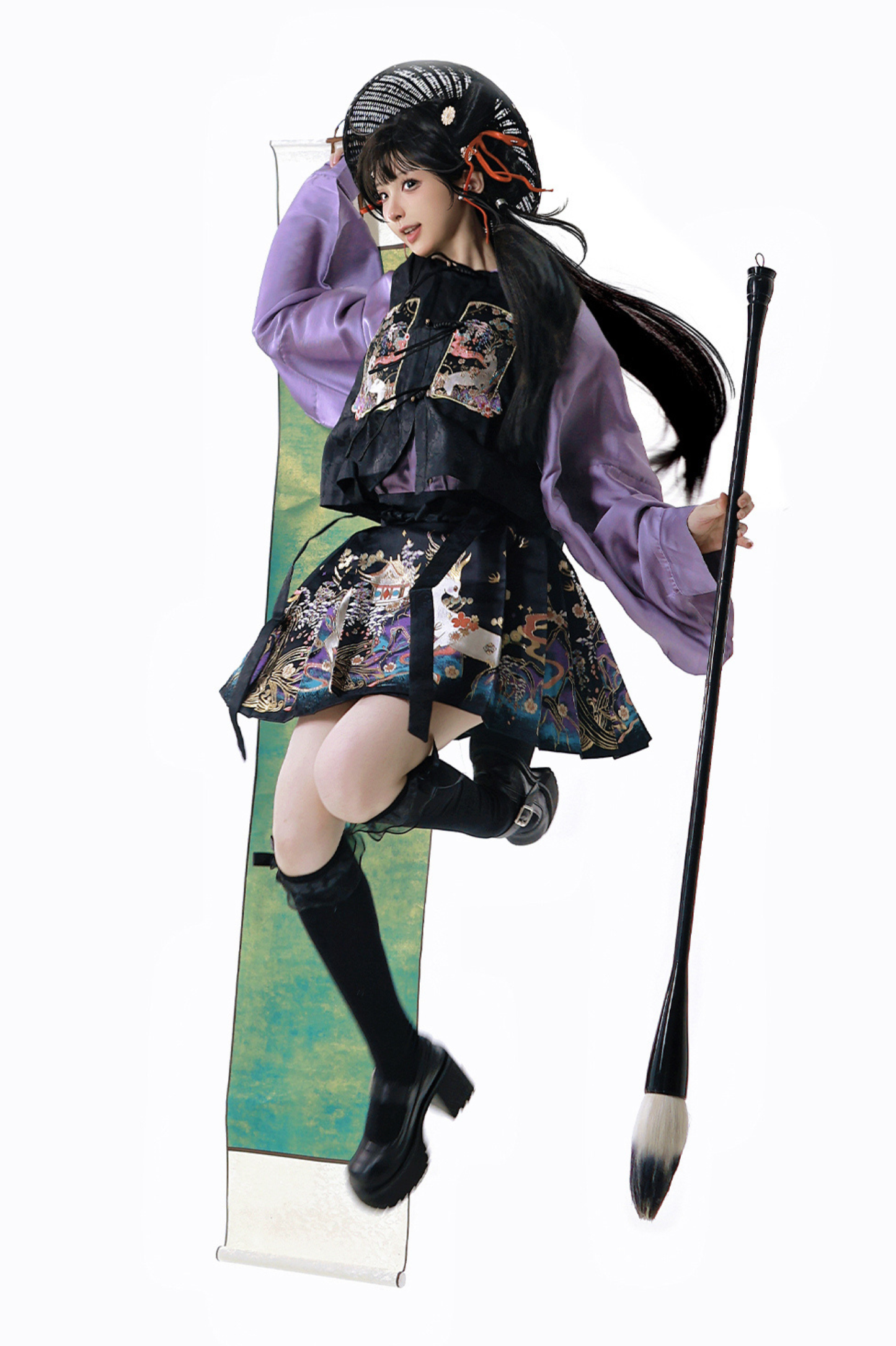 Dark china shirt + vest + skirt