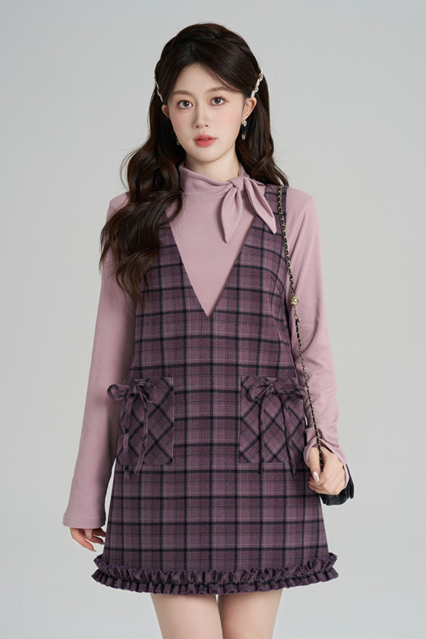 パープルプレイドラッフルドレス+トップス