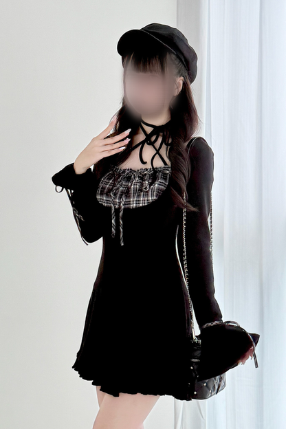 チェックフレアニットワンピース