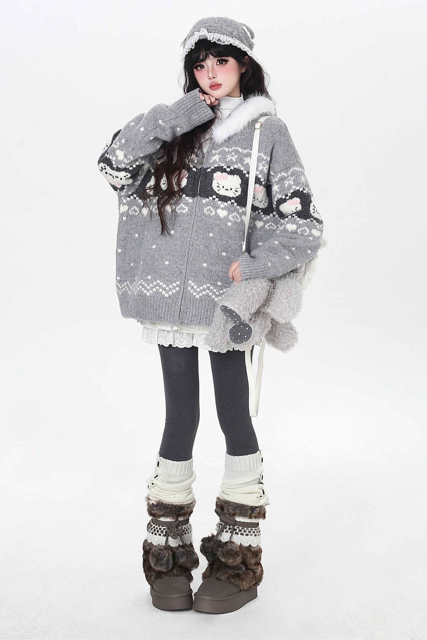 フェアアイルルーズフードニットカーディガン