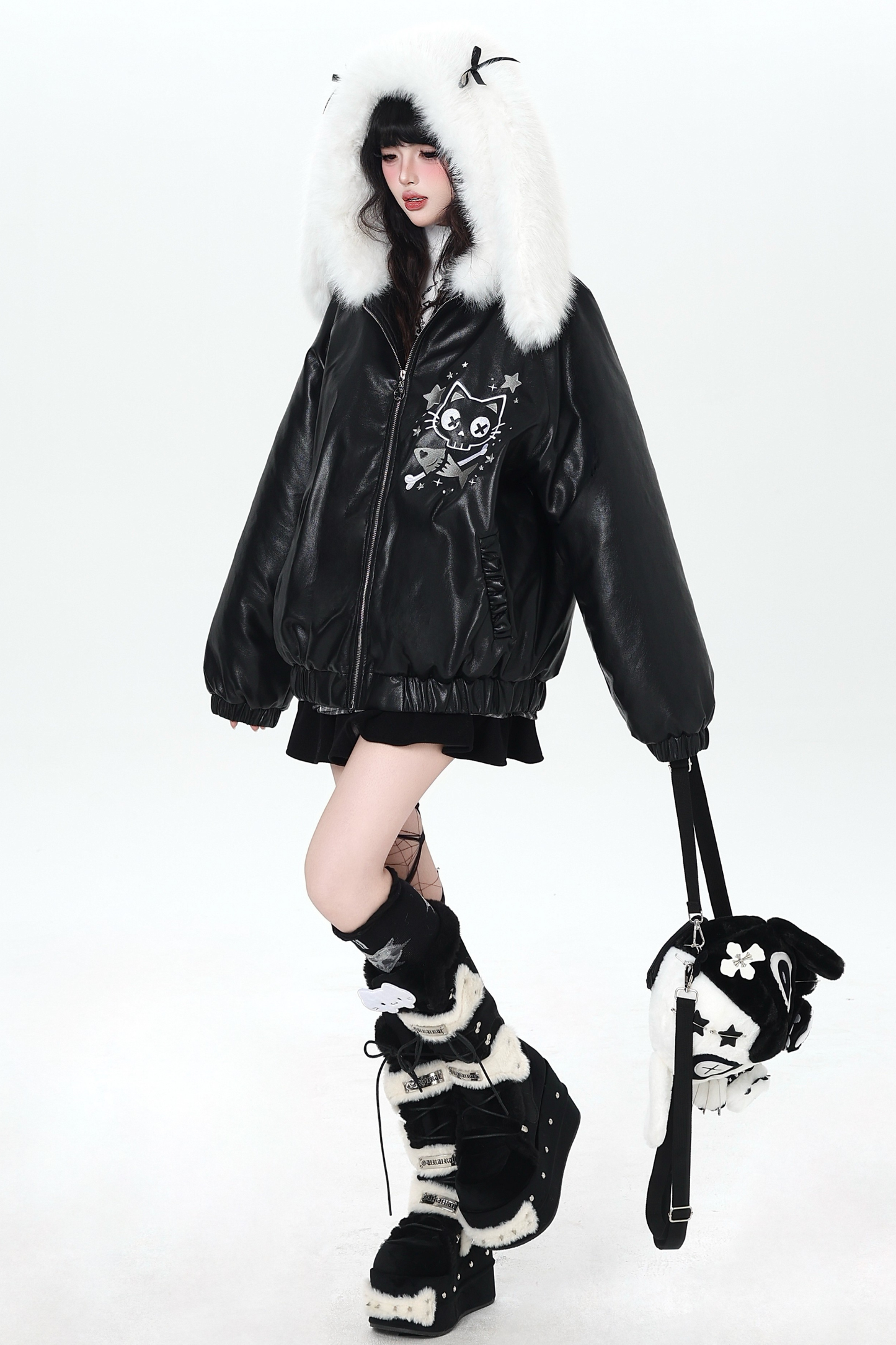 Rabbit Fur Hooded Leather Jacket