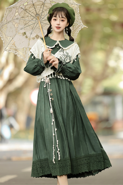 Dark green retro dress + vest