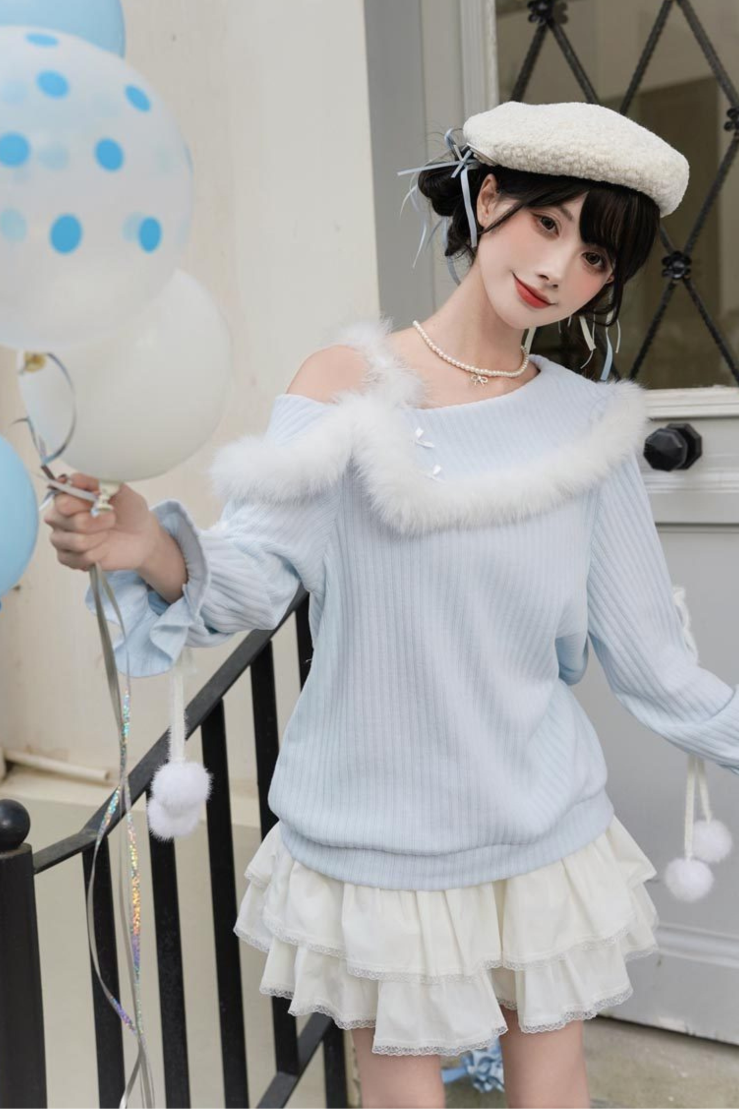 スイートブルーオフショルダーニットトップス