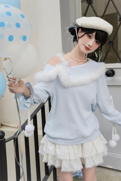 スイートブルーオフショルダーニットトップス