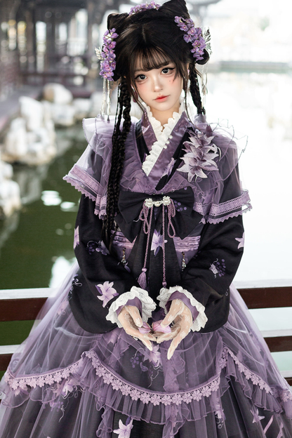 チャイナパープルフローラルドレス+アウタードレス+ロングスカート