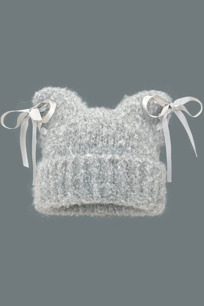 Plush Bow Ribbon Knit Hat
