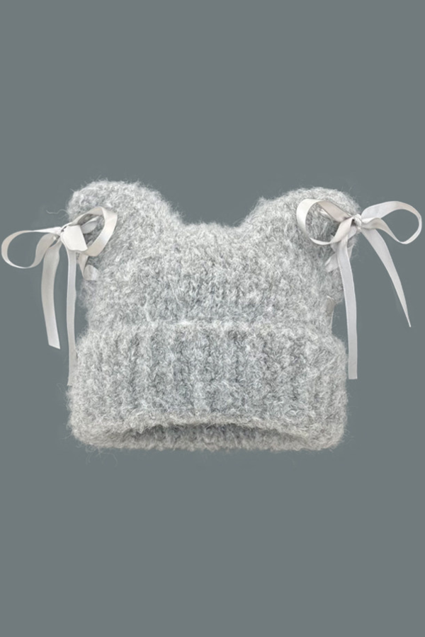 Plush Bow Ribbon Knit Hat