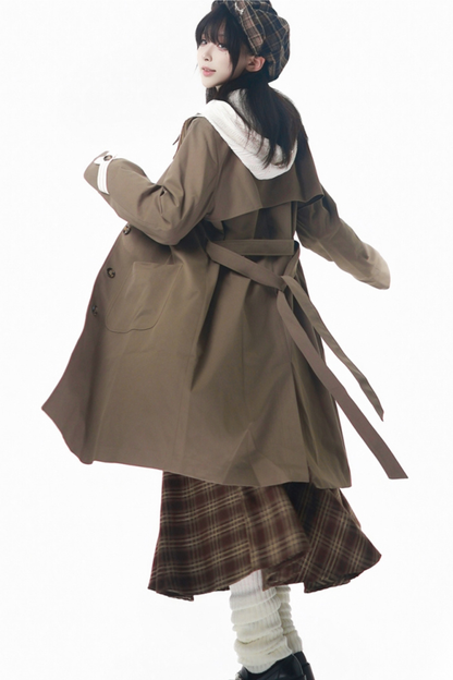 メープルトレンチコート+フードトップス+チェックスカート+シャツドレス