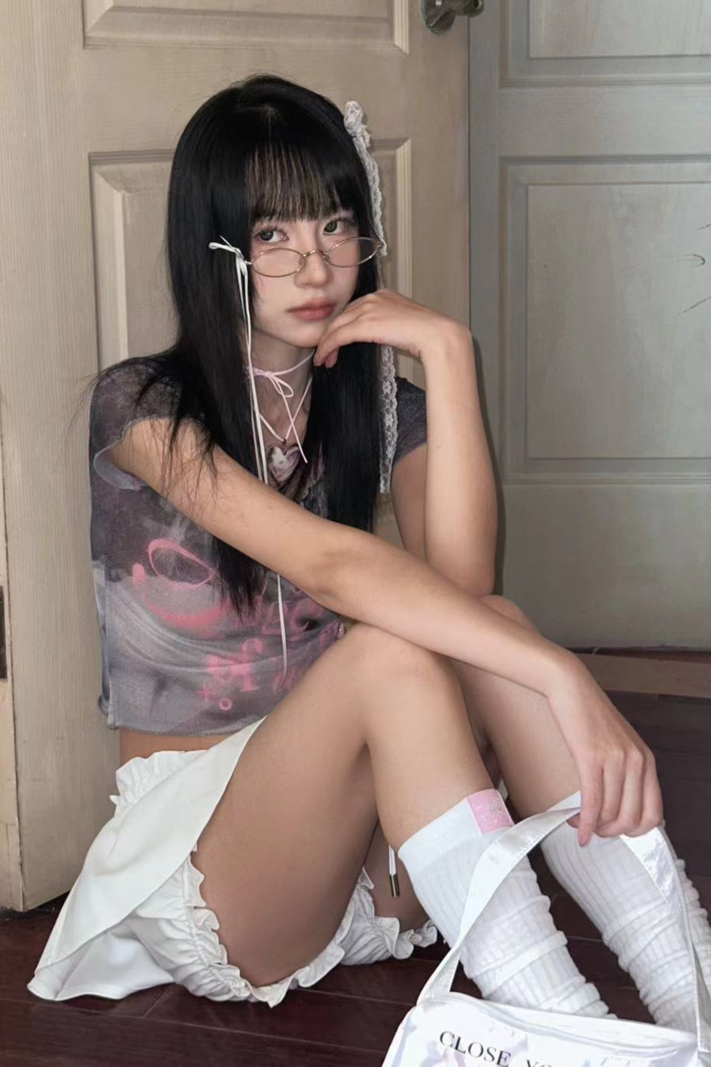 Bunny Cake Print Ash Sheer Mesh Slim Top