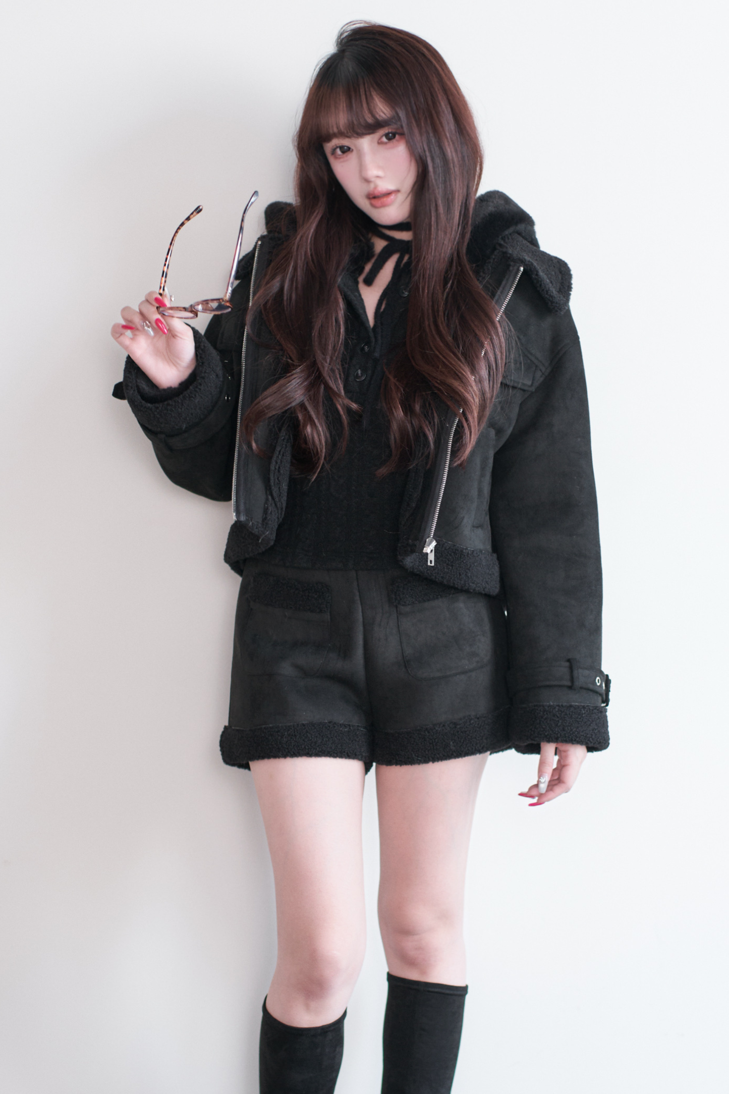 ファーショートコート+ショートパンツ