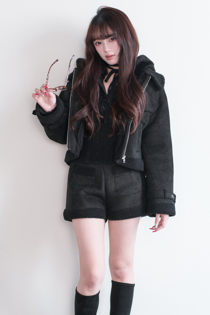 ファーショートコート+ショートパンツ