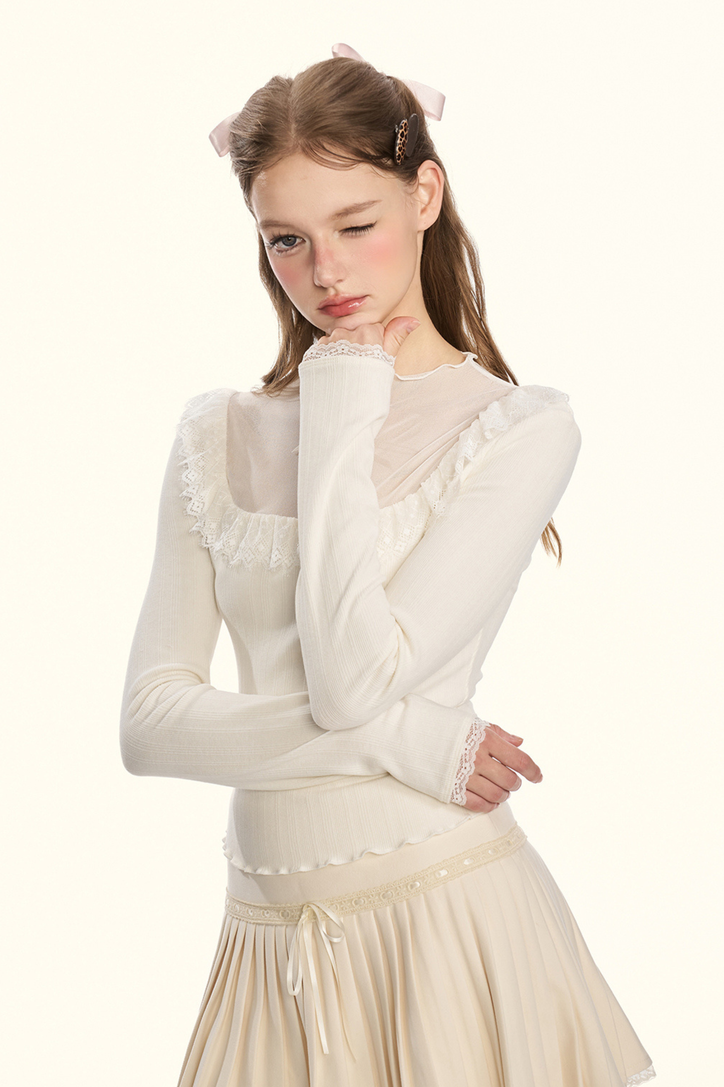 シアーリボンドールカラータイトトップス